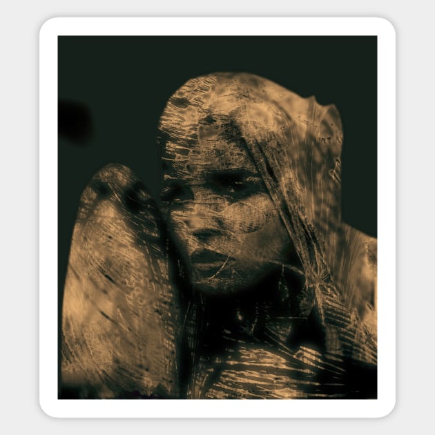 Beautiful girl, warrior with a shield, knight. Dark but beautiful. Yellow, sepia. Sticker by 234TeeUser234